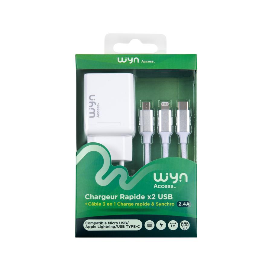 PACK 3EN1 CHARGEUR VOITURE 2 USB-A + CABLE 3EN1 + SUPPORT GRILLE : ascendeo  grossiste Packs chargeur